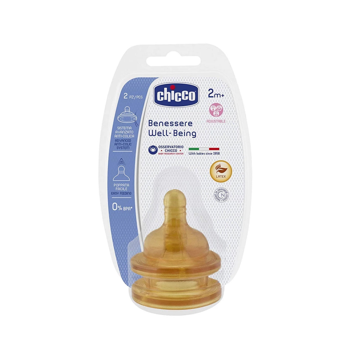 Chicco Adjustable Natural Rubber Wellbeing Latex Teats 2 Pieces +2 Months